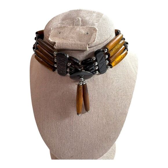 Handcrafted Ethnic Tribal Choker Necklace Adjustable Cord Long Wooden Beads - Picture 2 of 8
